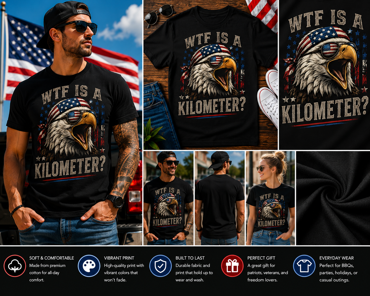 WTF Is A Kilometer? Funny Screaming Eagle Patriotic T-Shirt – American Flag Freedom Humor Graphic Tee for Men & Women