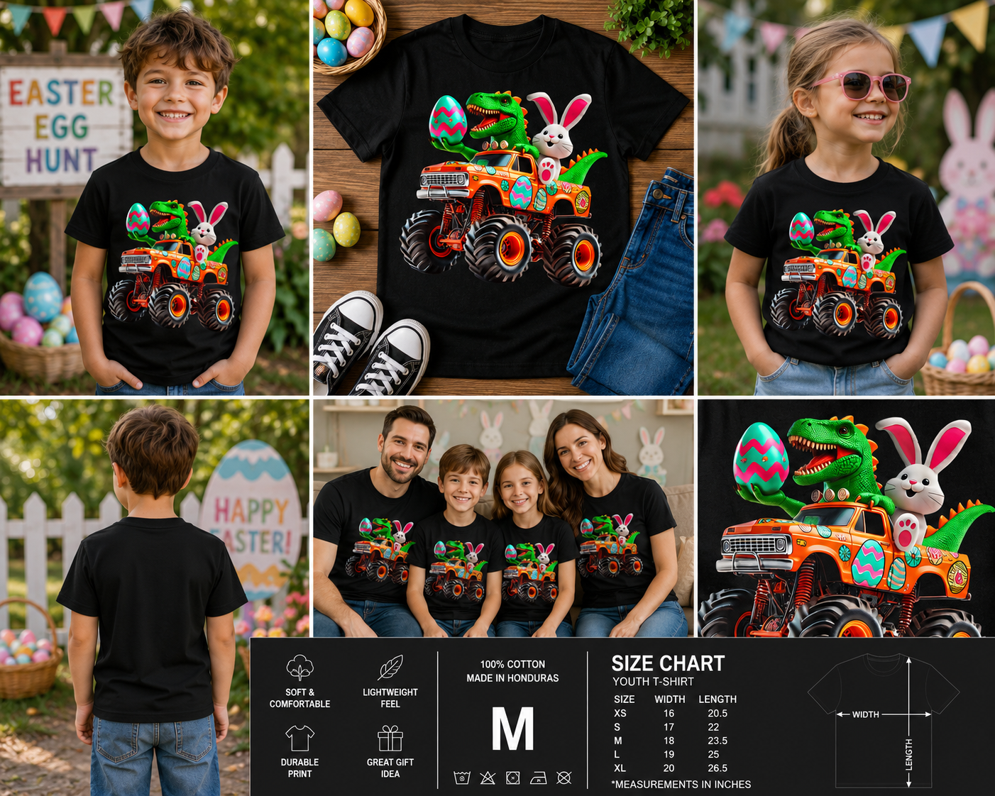 Funny Easter Bunny & T-Rex Monster Truck T-Shirt – Cute Dino Egg Hunt Graphic Tee for Kids