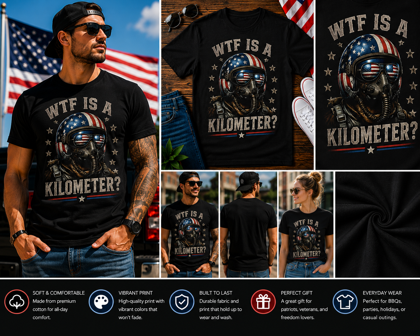 WTF Is A Kilometer? Funny Patriotic Pilot Helmet T-Shirt – American Freedom Humor Graphic Tee for Men & Women