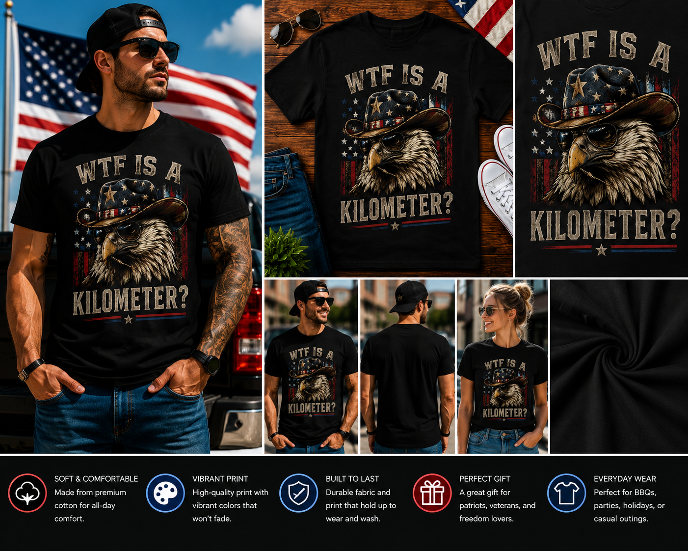 WTF Is A Kilometer? Funny Patriotic Cowboy Eagle T-Shirt – American Flag Humor Graphic Tee for Men & Women