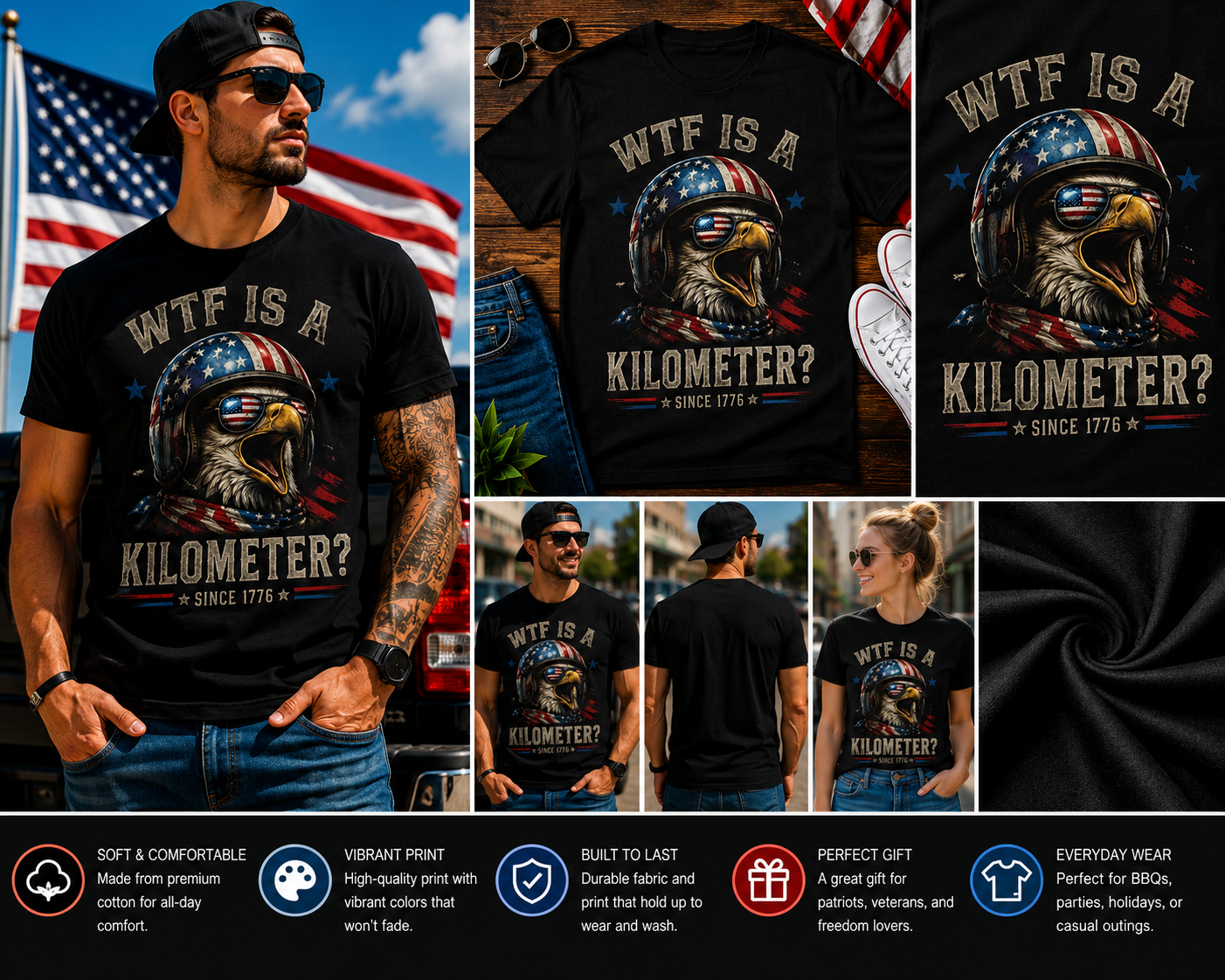 WTF Is A Kilometer? Since 1776 Funny Patriotic Eagle Helmet T-Shirt – American Freedom Humor Graphic Tee for Men & Women