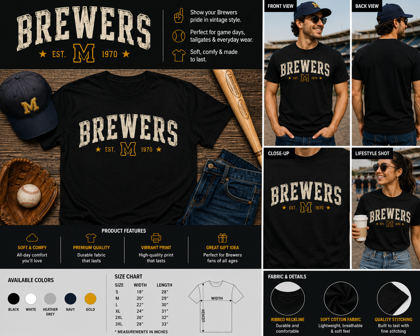 Brewers Est. 1970 Vintage Baseball Fan Graphic T-Shirt