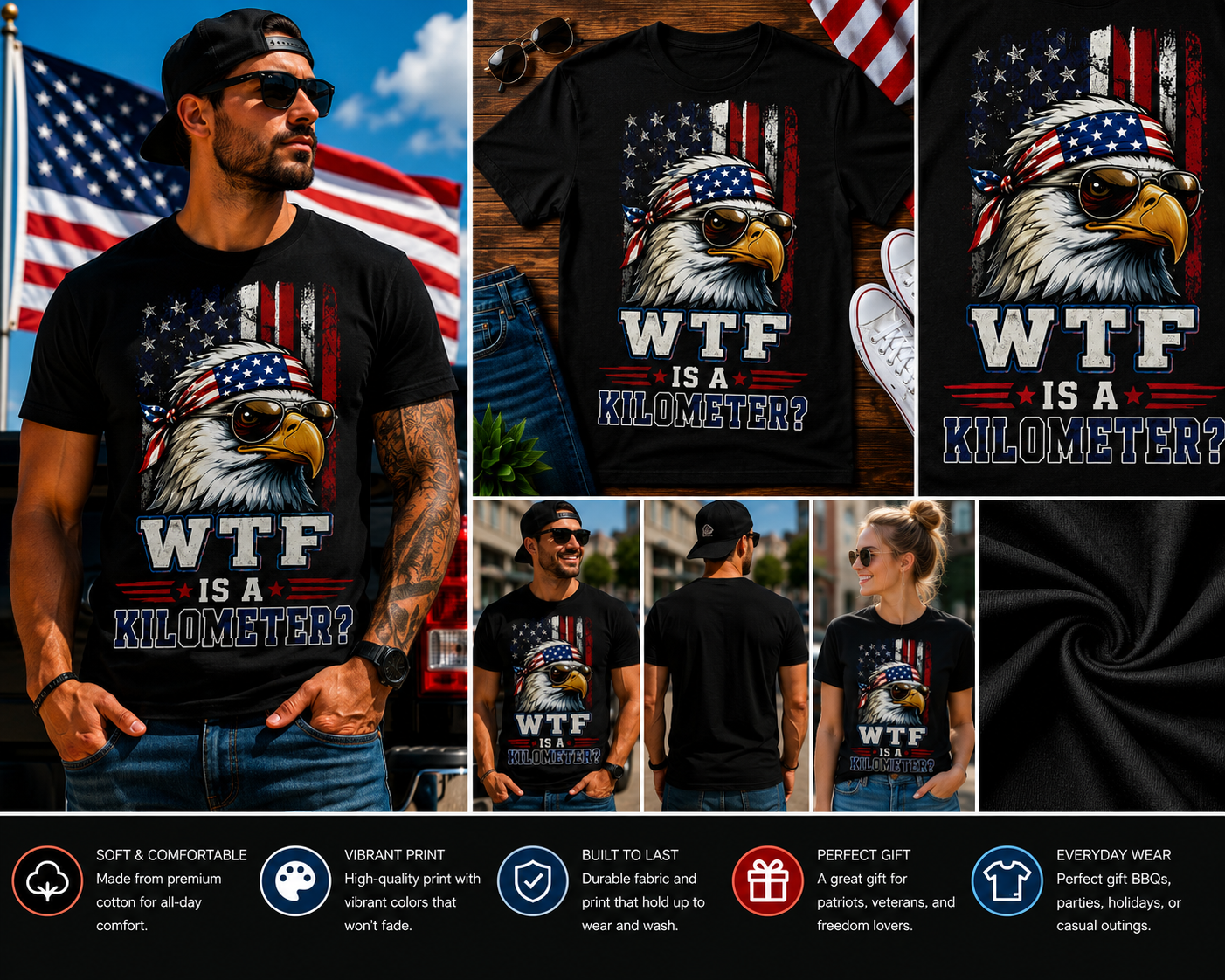 WTF Is A Kilometer? Funny Patriotic Eagle American Flag T-Shirt – Freedom Humor Graphic Tee for Men & Women