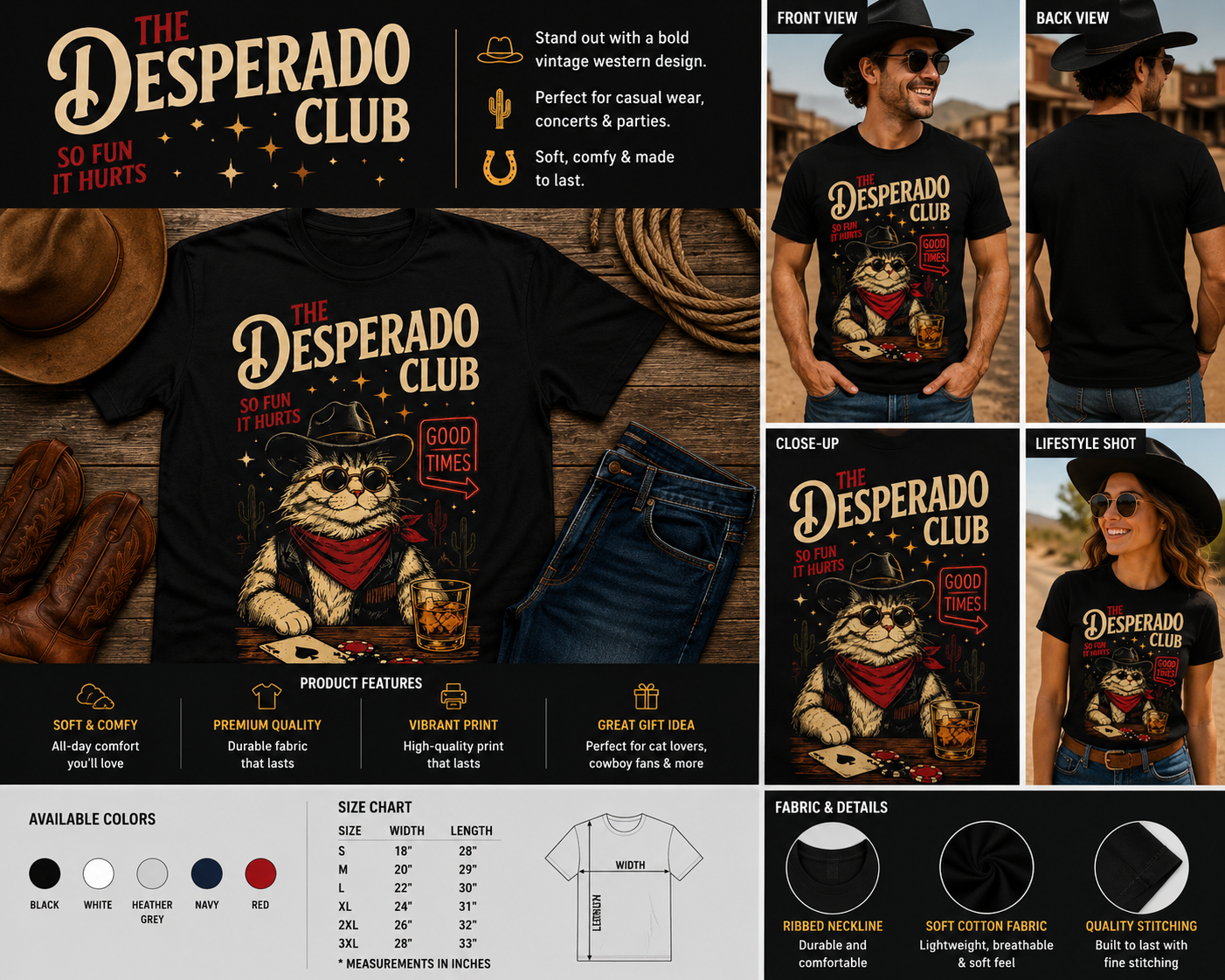 The Desperado Club Funny Cowboy Cat Graphic T-Shirt – Vintage Western Cat Lover Tee