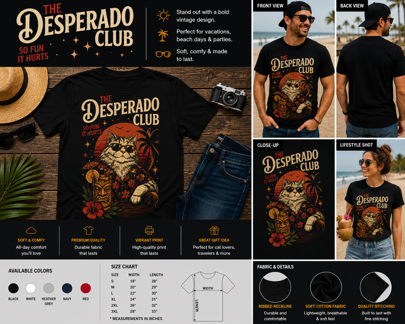 The Desperado Club Tropical Cowboy Cat Graphic T-Shirt – Funny Retro Vacation Cat Tee