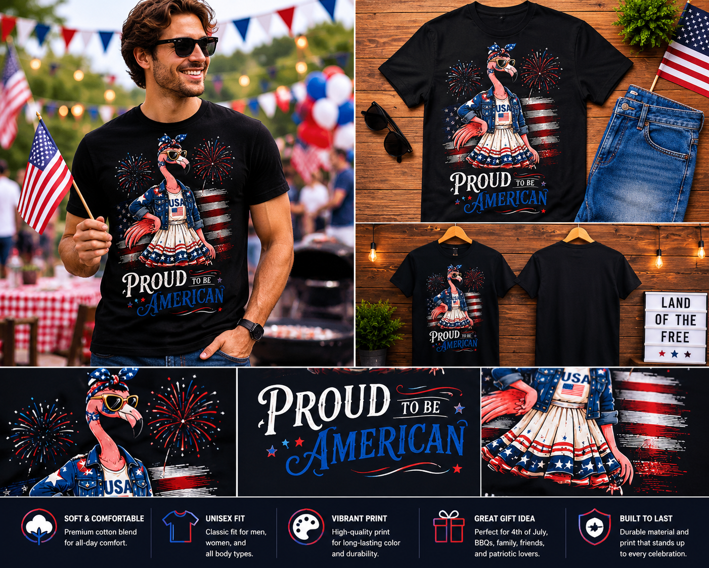 Proud to Be American Patriotic Flamingo T-Shirt – Funny 4th of July USA Graphic Tee for Men & Women