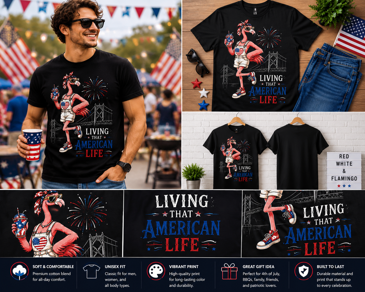 Living That American Life Patriotic Flamingo T-Shirt – Funny 4th of July USA Graphic Tee for Men & Women