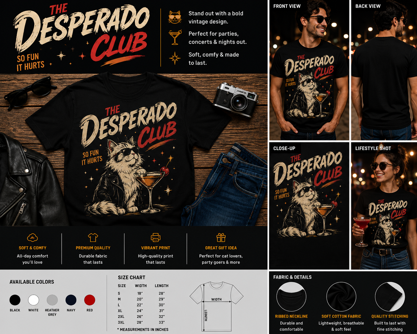 The Desperado Club Funny Cat Cocktail Graphic T-Shirt – Vintage Retro Party Cat Tee