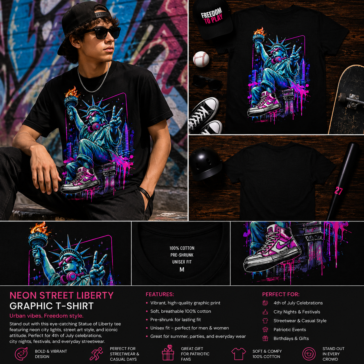 Neon Street Liberty Graphic T-Shirt – Urban Statue of Liberty Retro Neon Art Tee for Men & Women