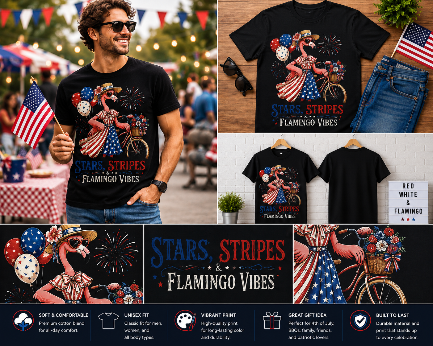 Stars, Stripes & Flamingo Vibes Patriotic T-Shirt – Funny 4th of July Flamingo Graphic Tee for Men & Women