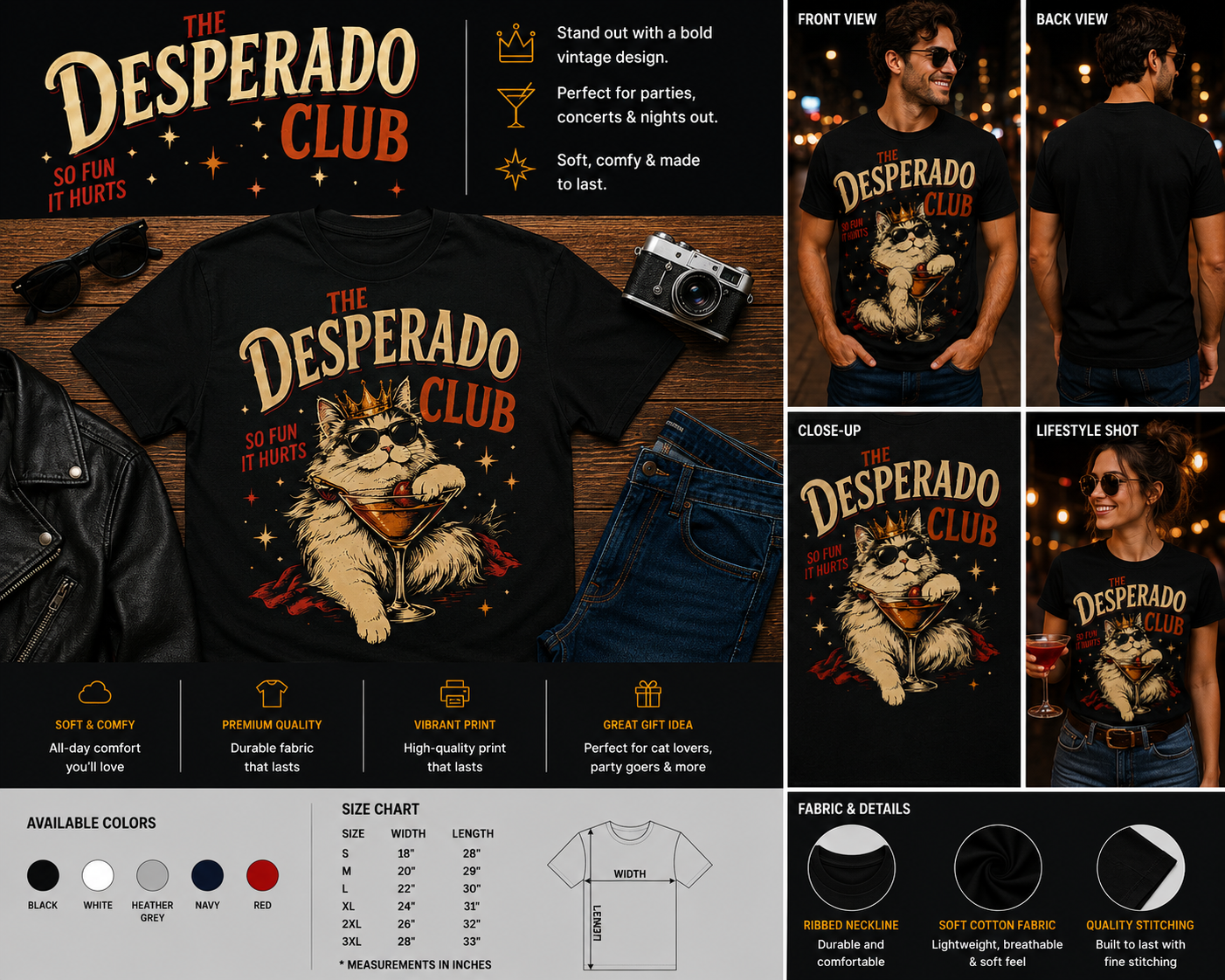 The Desperado Club Funny Cocktail Cat Graphic T-Shirt – Retro Cool Cat Party Tee
