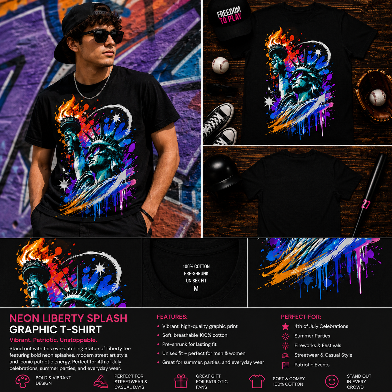 Neon Liberty Splash Graphic T-Shirt – Colorful Statue of Liberty Patriotic Streetwear Tee for Men & Women