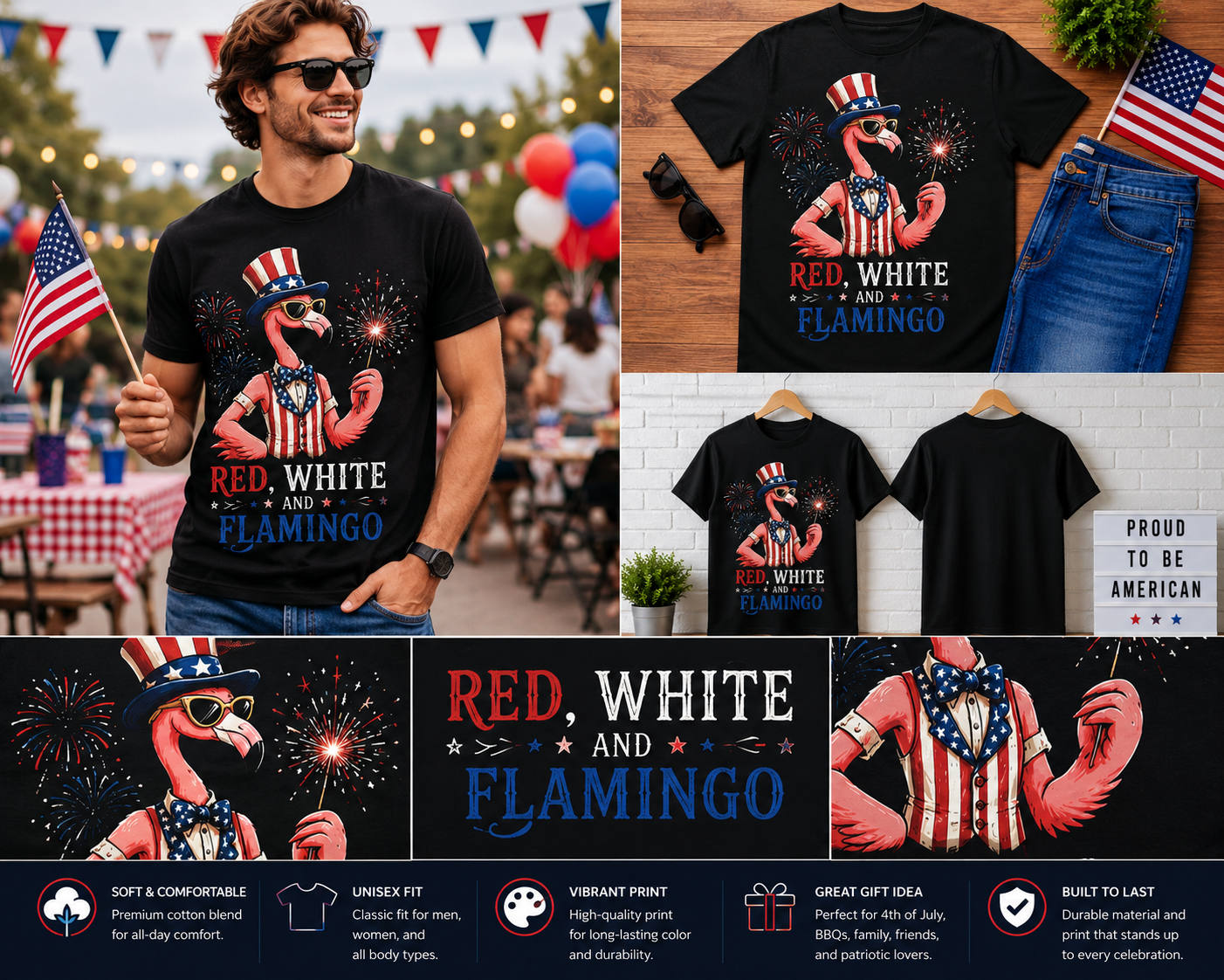Red, White and Flamingo Patriotic T-Shirt – Funny 4th of July USA Flamingo Graphic Tee for Men & Women