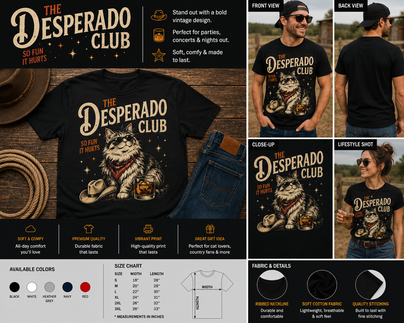 The Desperado Club Funny Cowboy Cat Graphic T-Shirt – Vintage Western Cat Whiskey Tee