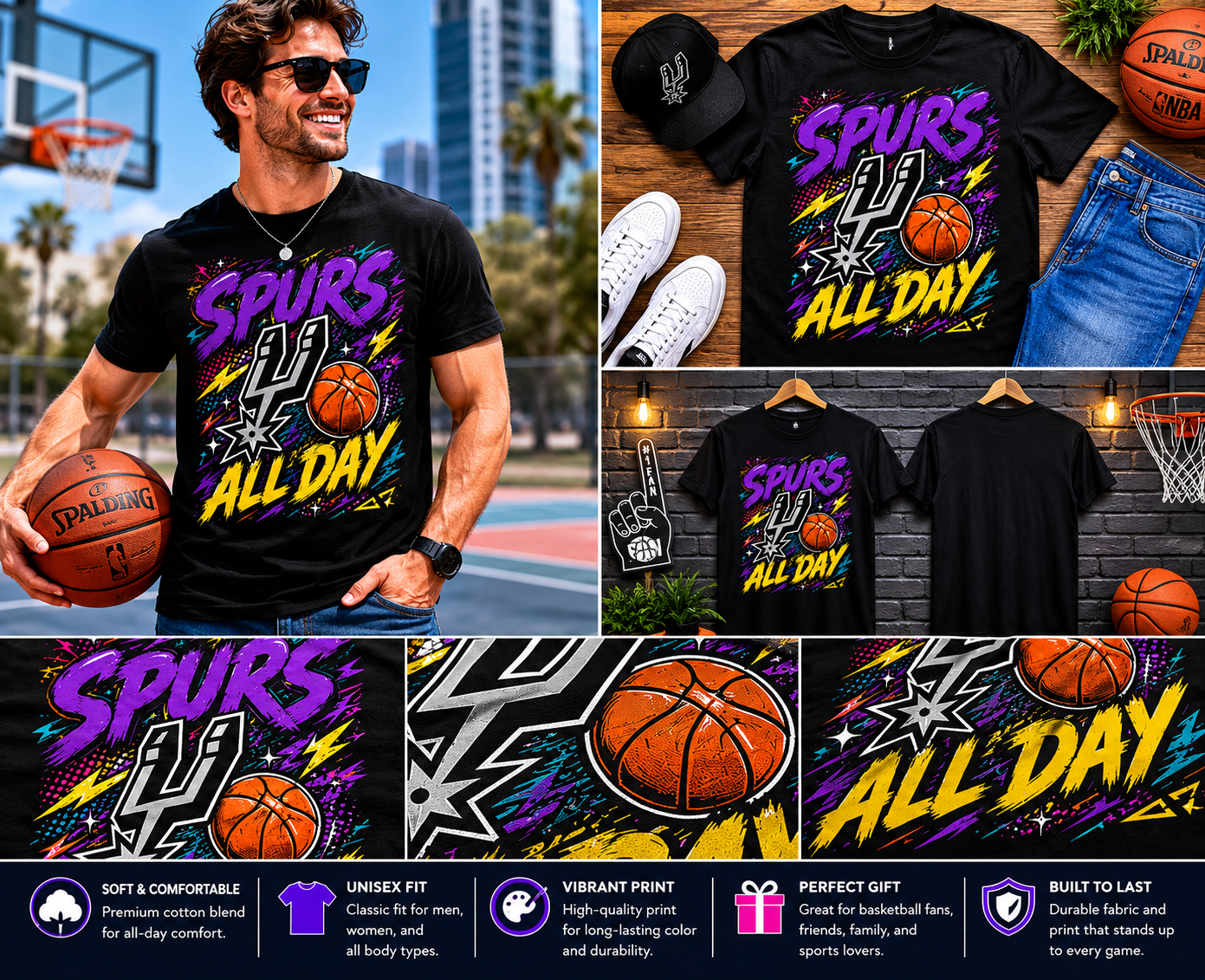 Spurs All Day Retro Vintage Basketball T-Shirt – San Antonio Basketball Fan Graphic Tee for Men & Women