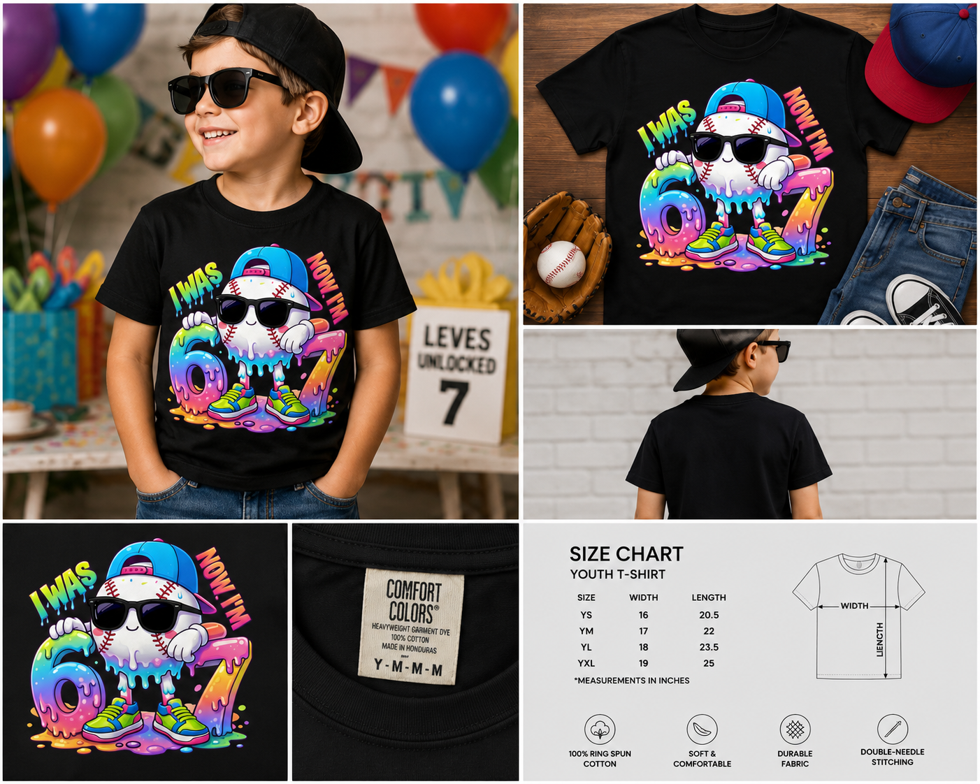 I Was 6 Now I’m 7 Baseball Birthday Shirt – Funny Drip Style Kids 7th Birthday T-Shirt