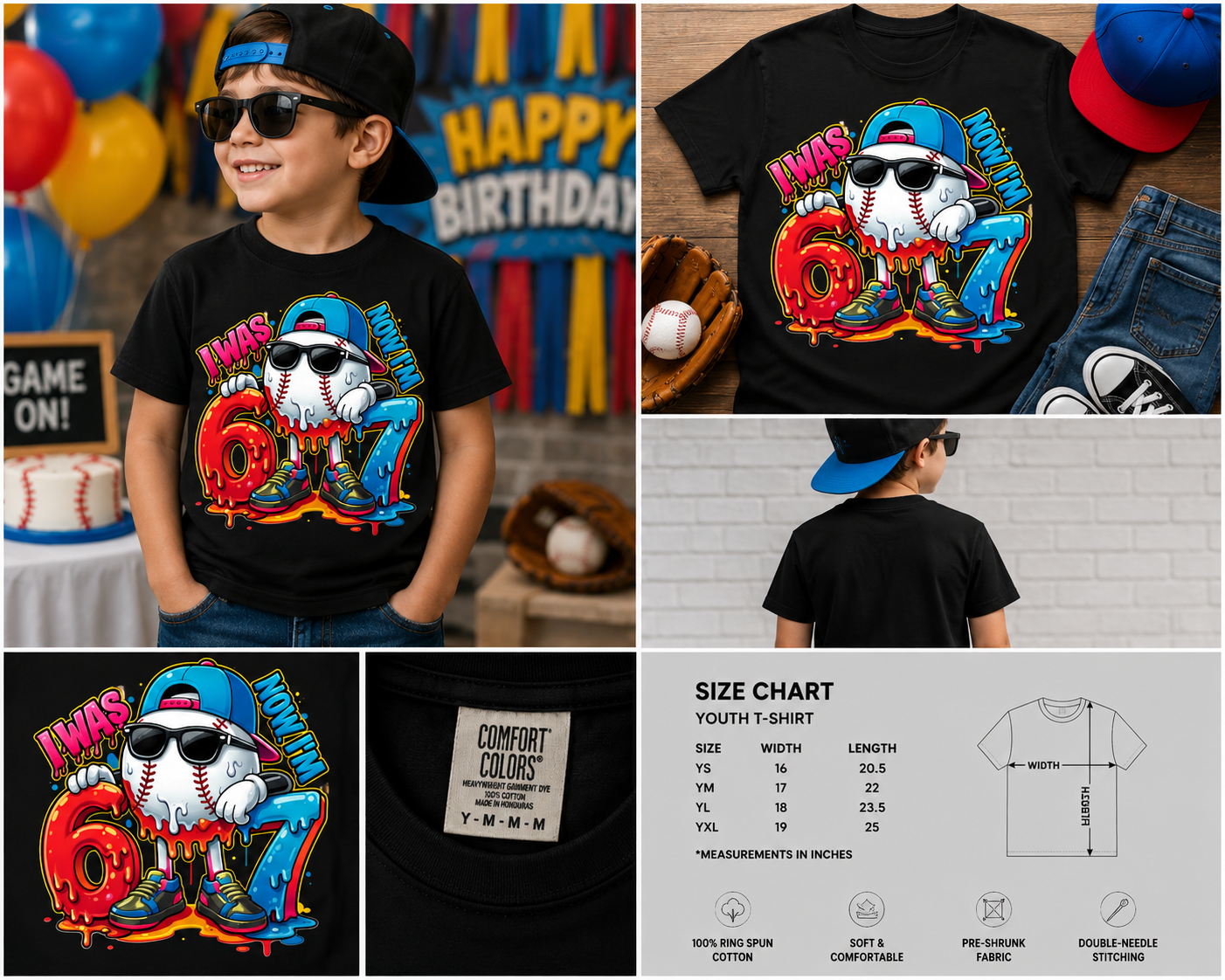 I Was 6 Now I’m 7 Baseball Birthday Shirt – Cool Graffiti Style 7th Birthday T-Shirt