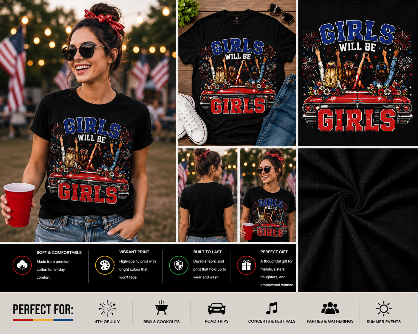 Girls Will Be Girls Patriotic 4th of July T-Shirt | Retro American Girl Squad Graphic Tee for Women | Independence Day Shirt