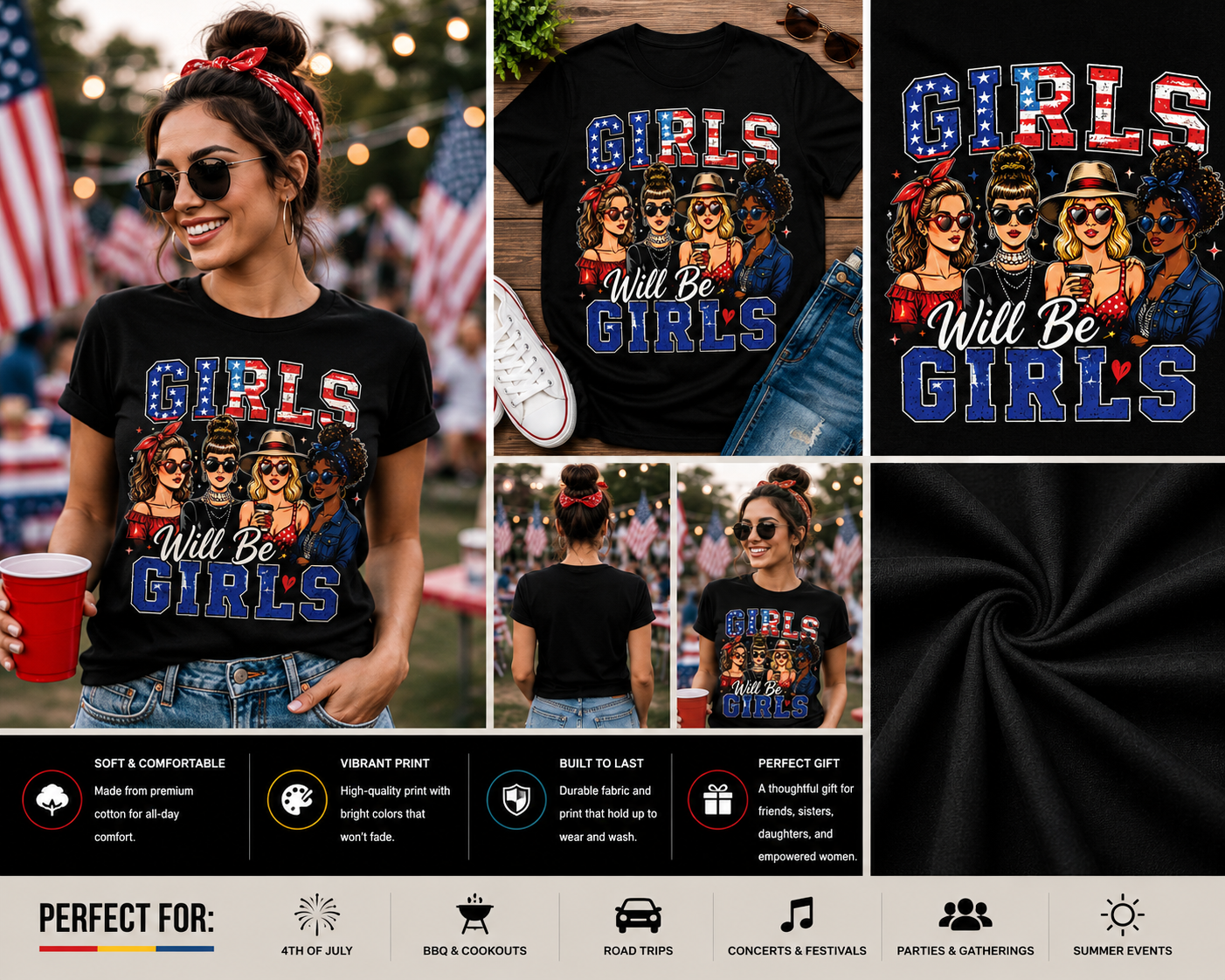 Girls Will Be Girls Patriotic T-Shirt | 4th of July Best Friends Graphic Tee for Women | USA Independence Day Shirt