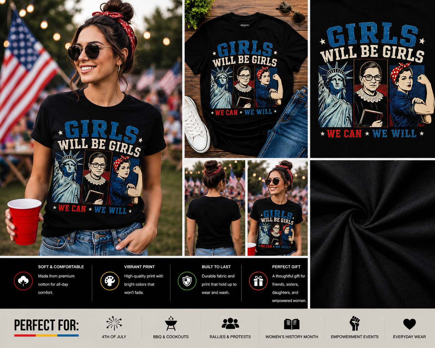 Girls Will Be Girls Feminist Patriotic T-Shirt | Strong Women Empowerment Graphic Tee | 4th of July Independence Day Shirt