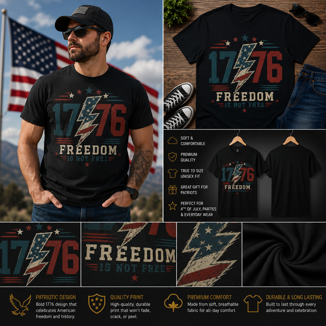 1776 Freedom Is Not Free Patriotic USA Flag T-Shirt – Vintage American Independence Day Tee