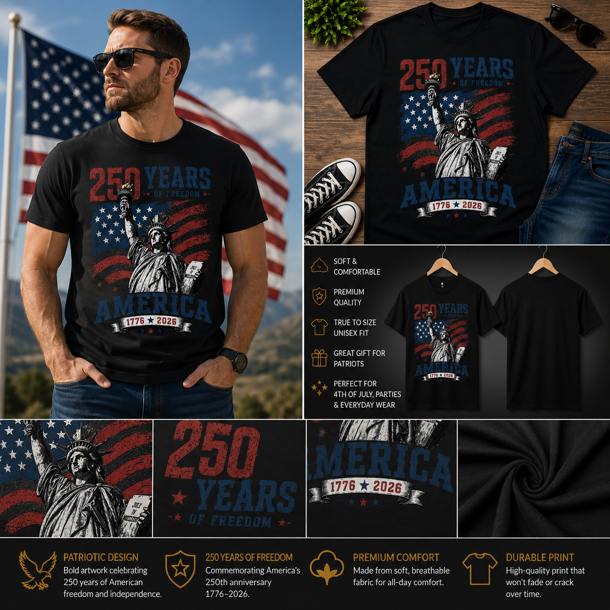 250 Years of Freedom America 1776–2026 Patriotic Statue of Liberty T-Shirt