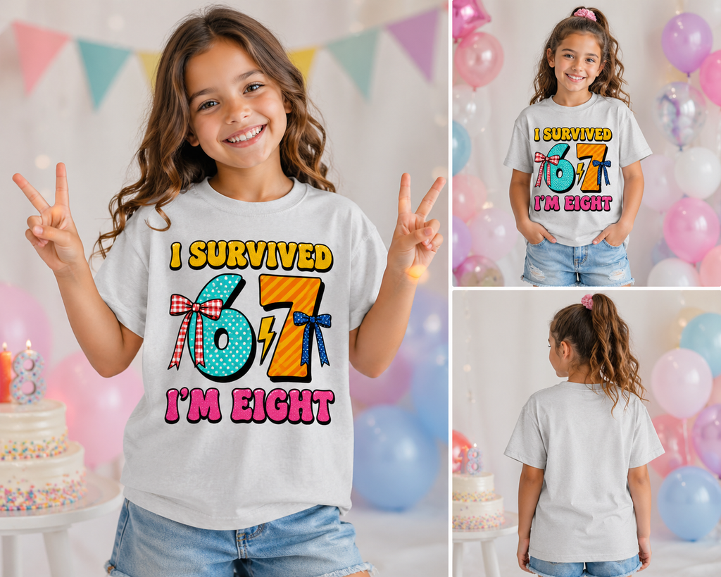 I Survived 67 I'm Eight Birthday Shirt for Girls, Funny 8th Birthday Tee, Retro Pop Art Kids Birthday Outfit, Colorful Age 8 T-Shirt